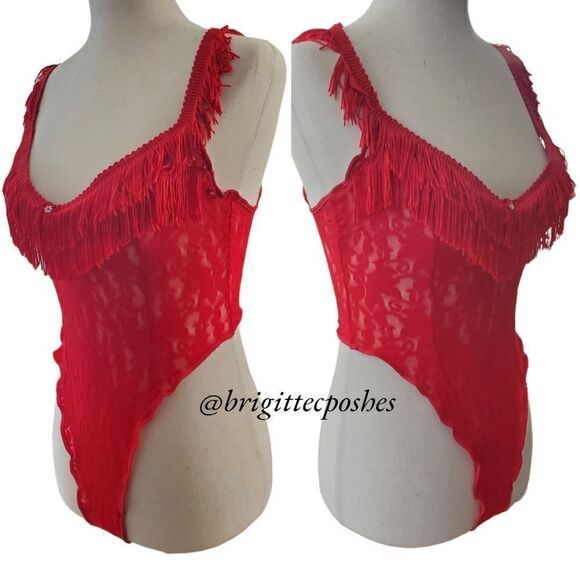 CALIFORNIA DYNASTY Women's Red Lace Fringes G-string Teddy - Picture 3 of 10